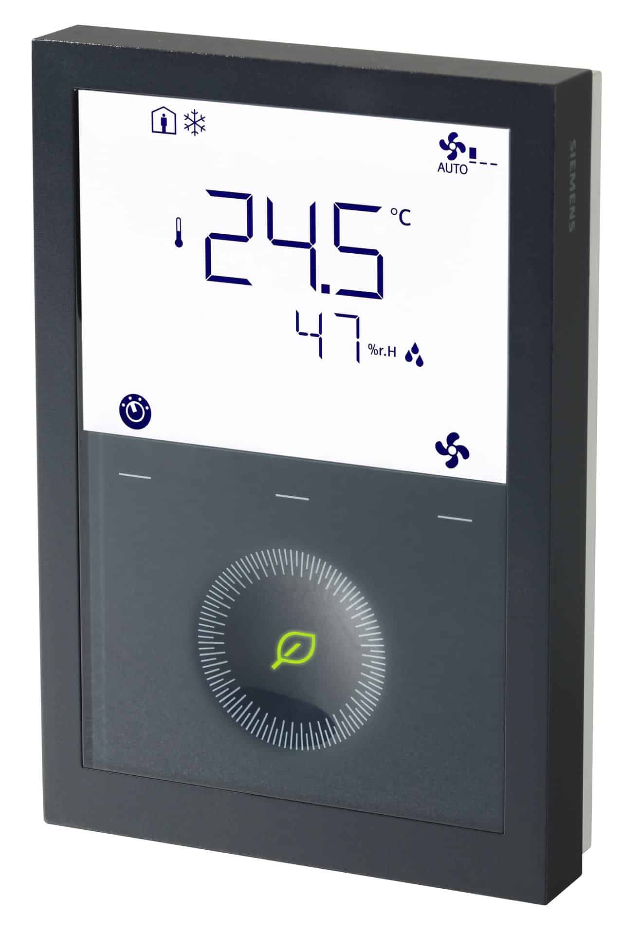 RDG260KN/BK KNX communicating room thermostat in black. Outputs modulating (DC) or on/off. Fan coil (3-speed / DC fan)