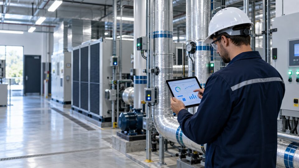 Facilities engineer monitoring a connected HVAC plant through a building management system